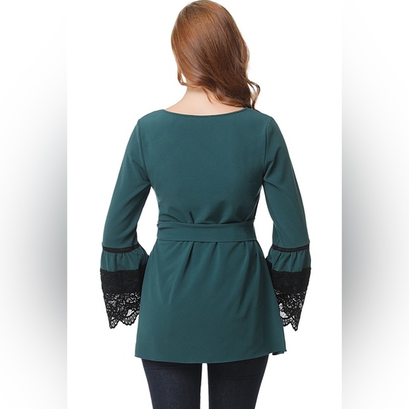 Kimi + Kai Clara Teal and Black Bell Sleeve Tie Tunic Top - Picture 2 of 5